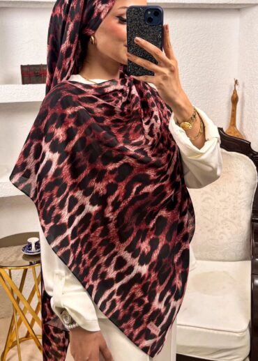Bordo Leopar Desen Pamuk Şal