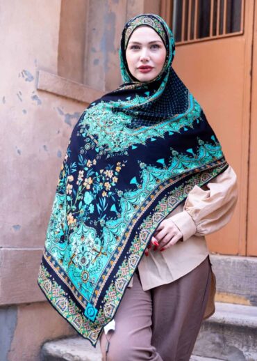 Petrol Safir Desenli Yün İpek Şal