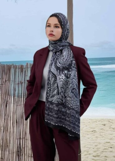 Siyah Hint Desen Yün İpek Şal