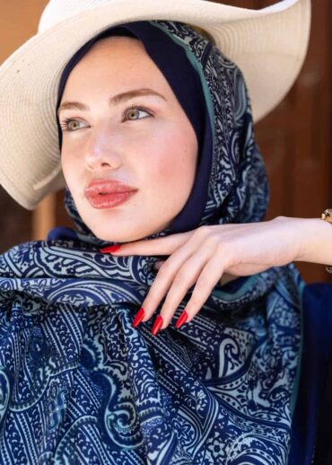 Mint-Lacivert Soléa Desen İpek Pamuk Şal