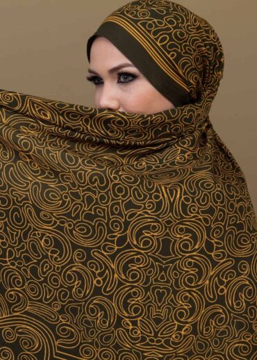 Haki Ebruli Desen Pamuk İpek Şal