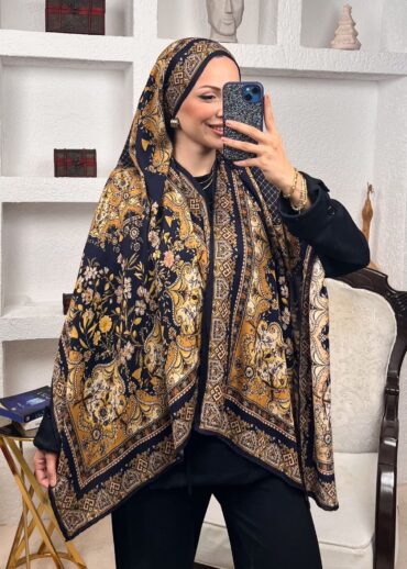 Lacivert Safir Desenli Yün İpek Şal