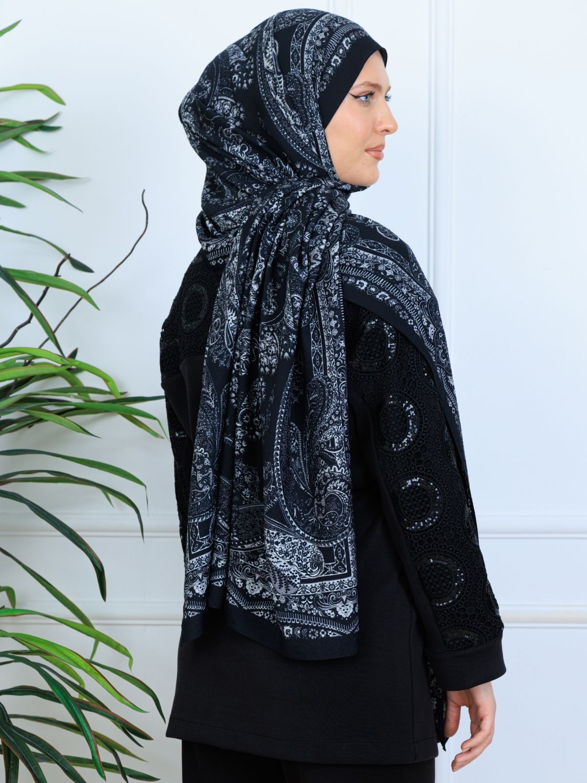 Ravza Desen Şal 469-019 - V-8 - Vanilya Siyah - Görsel 4