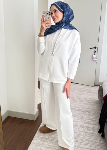 Oysho Fermuarlı Basic İkili Takım BÜYÜK BEDEN TK2962  - Beyaz İnci
