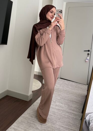 Oysho Fermuarlı Basic İkili Takım BÜYÜK BEDEN TK2962   - Karamel