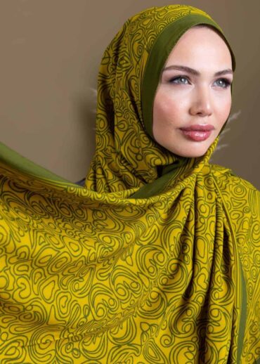 Yağ Yeşili Ebruli Desen Pamuk İpek Şal