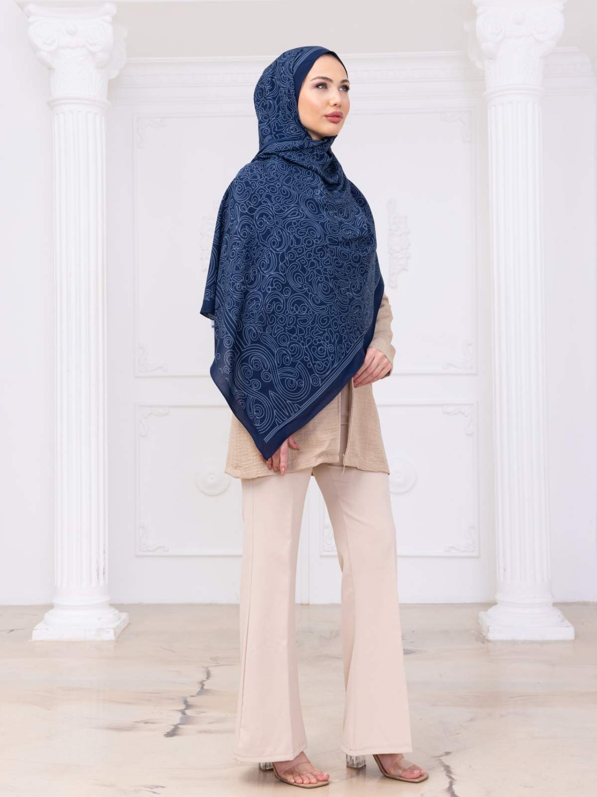Petrol Ebruli Desen Pamuk İpek Şal - Görsel 4