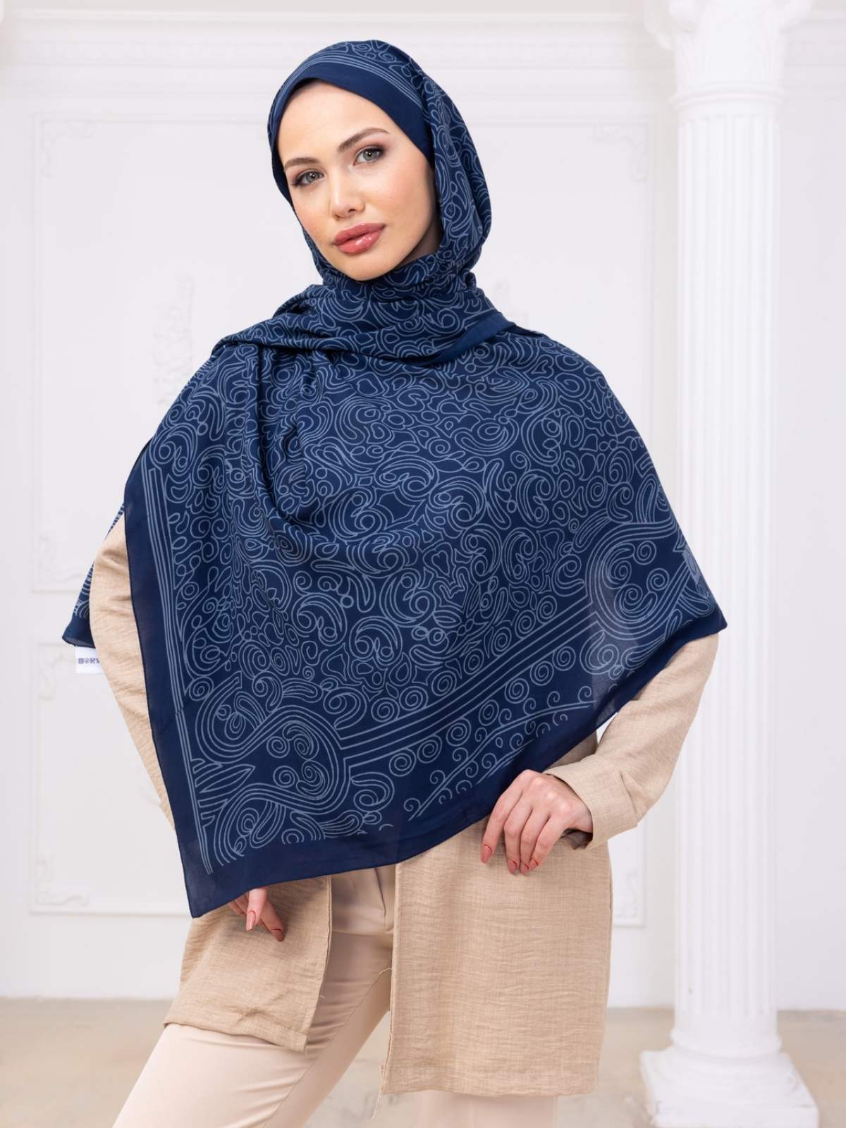 Petrol Ebruli Desen Pamuk İpek Şal - Görsel 5