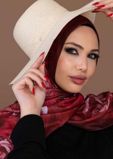 Kırmızı Çiçek Desen Pamuk Soft Şal