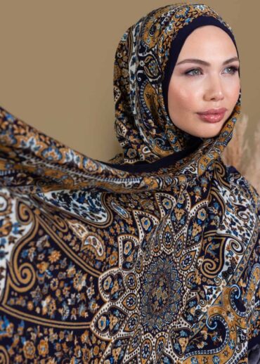 Gece Mavisi Zambak Desenli Yün İpek Şal