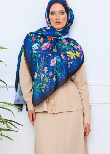 Çiçek Desen Pamuk Şal 65355 - Lacivert