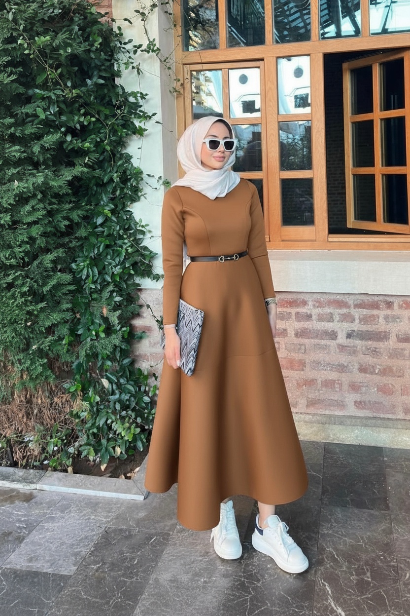 Puff Scuba Elbise ELB104434 - Taba