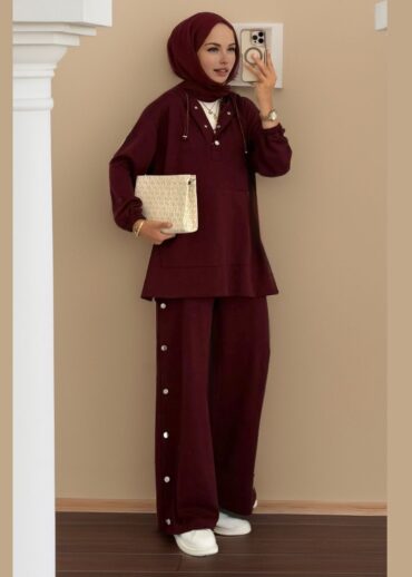 Premium Oysho Çıtçıtlı ı İkili Takım TK100242  - Bordo