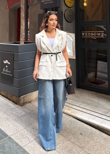 Vatka Detaylı Yelek (Kemer Hediyeli)  DŞ100298 - Beyaz