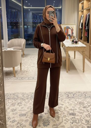 Premium Oysho Şeritli İkili Takım TK100244  -Acı Kahve