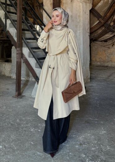 Broşlu Şal Yaka Trençkot DŞ100270 - Krem