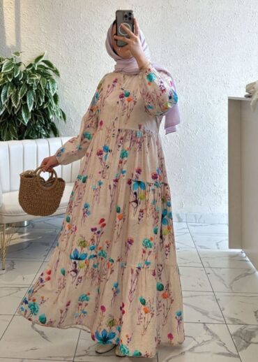 Viyole Kır Bahçesi Elbise  L10020 BÜYÜK BEDEN -  Mavi Ortanca