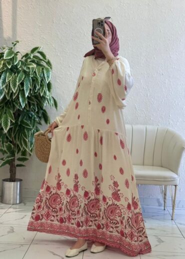 Çini Border Desen Elbise - Kiraz Çiçeği