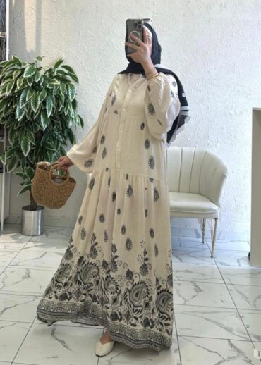 Çini Border Desen  Elbise - Siyah