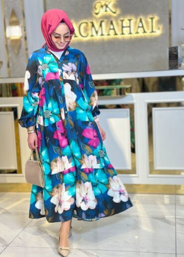 Lora Çiçek Desen Elbise L10057 - Okyanus Mavi