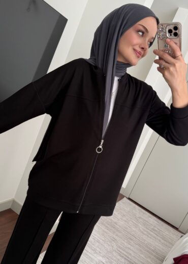 Premium Fermuarlı Basic İkili Takım TK2962  -Siyah