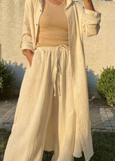 Yaldızlı İkili Takım TK100123 - Bej