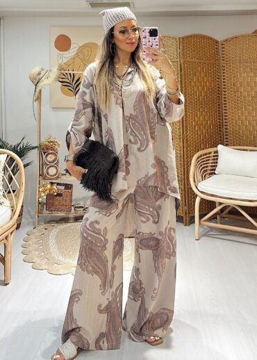 Keten Şal Desen Bol Paça İkili Takım TK100222 - Bej