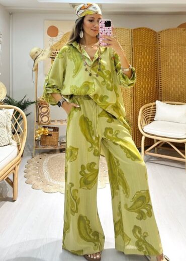 Keten Şal Desen Bol Paça İkili Takım TK100222 -  Lime Yeşil