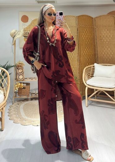Keten Şal Desen Bol Paça İkili Takım TK100222 - Bordo