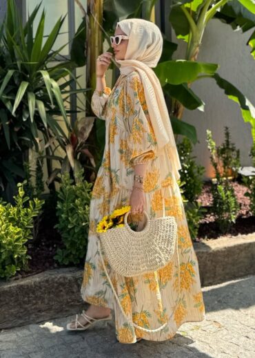 Mimoza Desenli Elbise -Sarı