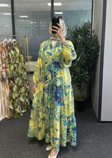 Tropik Rüya Katlı Maxi Elbise - Sarı