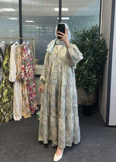 Vintage Mozaik Katlı Elbise - Mint Çini