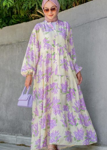 Mimoza Desenli Elbise L100138 -Lavanta