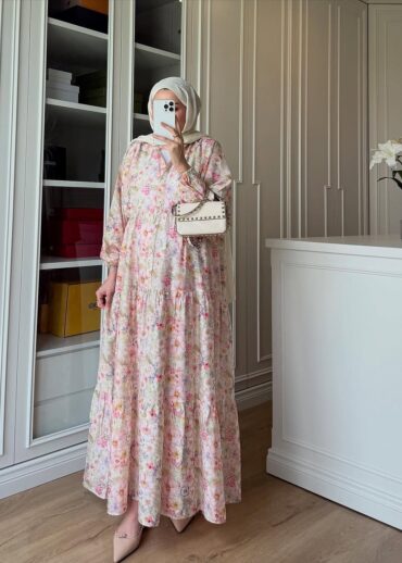 Eleya Çiçek Harmanı Elbise BÜYÜK BEDEN  - Krem