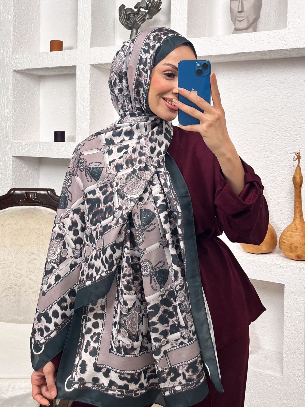 Hermes Leopar Pamuk Soft Şal 65329 - SİYAH- AÇIK LATTE - Görsel 2