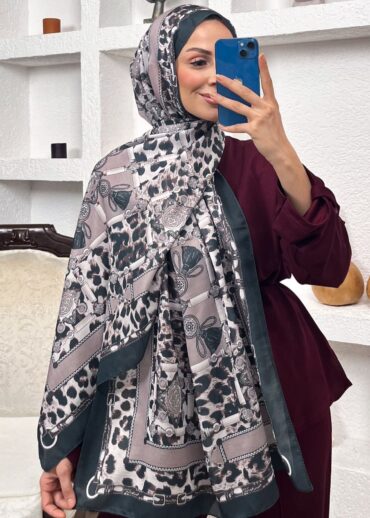 Hermes Leopar Pamuk Soft Şal 65329 - SİYAH- AÇIK LATTE