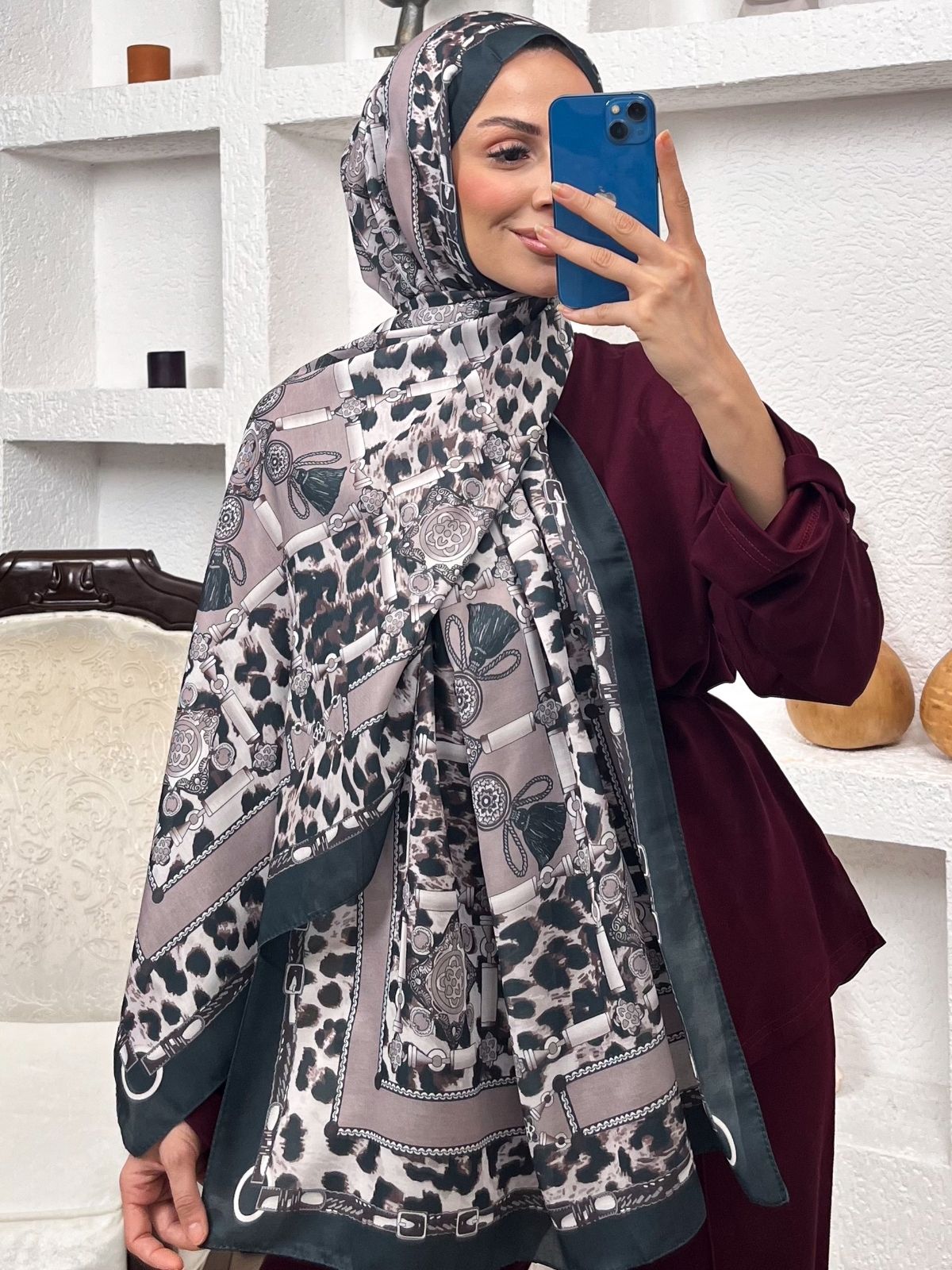 Hermes Leopar Pamuk Soft Şal 65329 - SİYAH- AÇIK LATTE