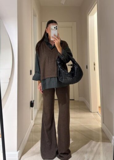 Kahve Yeşil Gömlek Detaylı Triko Pantolon Takım