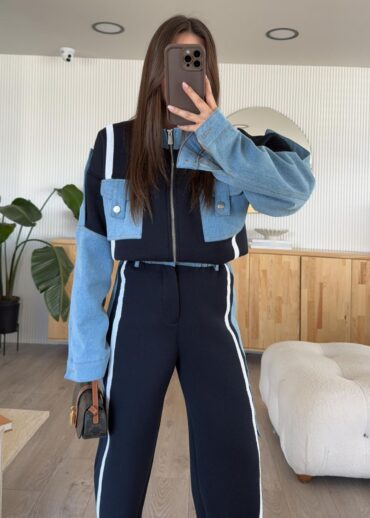 Lacivert Kargo Cepli Şeritli Denim Takım