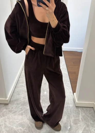 Kadifeli Üçlü Takım - Kahve