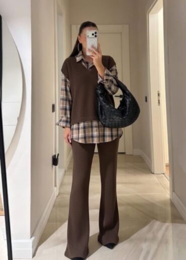 Gömlek Detaylı Triko Pantolon Takım-Kahve-Gri