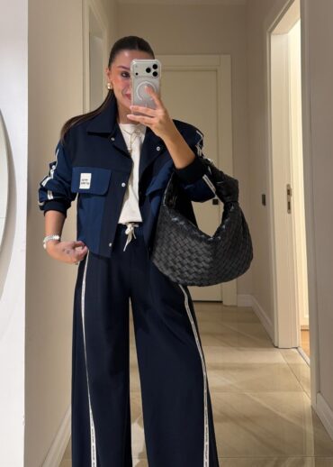 Twst Paraşüt Kol Detaylı Garnili İkili Takım- Lacivert