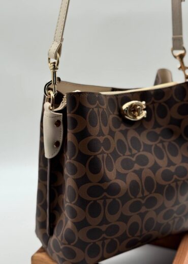 Coach Gofraj baskılı kilitli büzgülü  kahve bej çanta