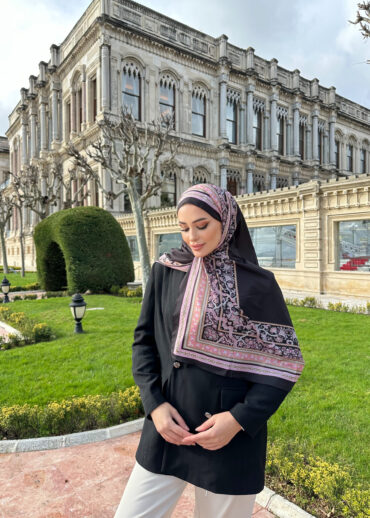 Çini Rüyası Vual İpek Şal 10101 - Siyah Pembe